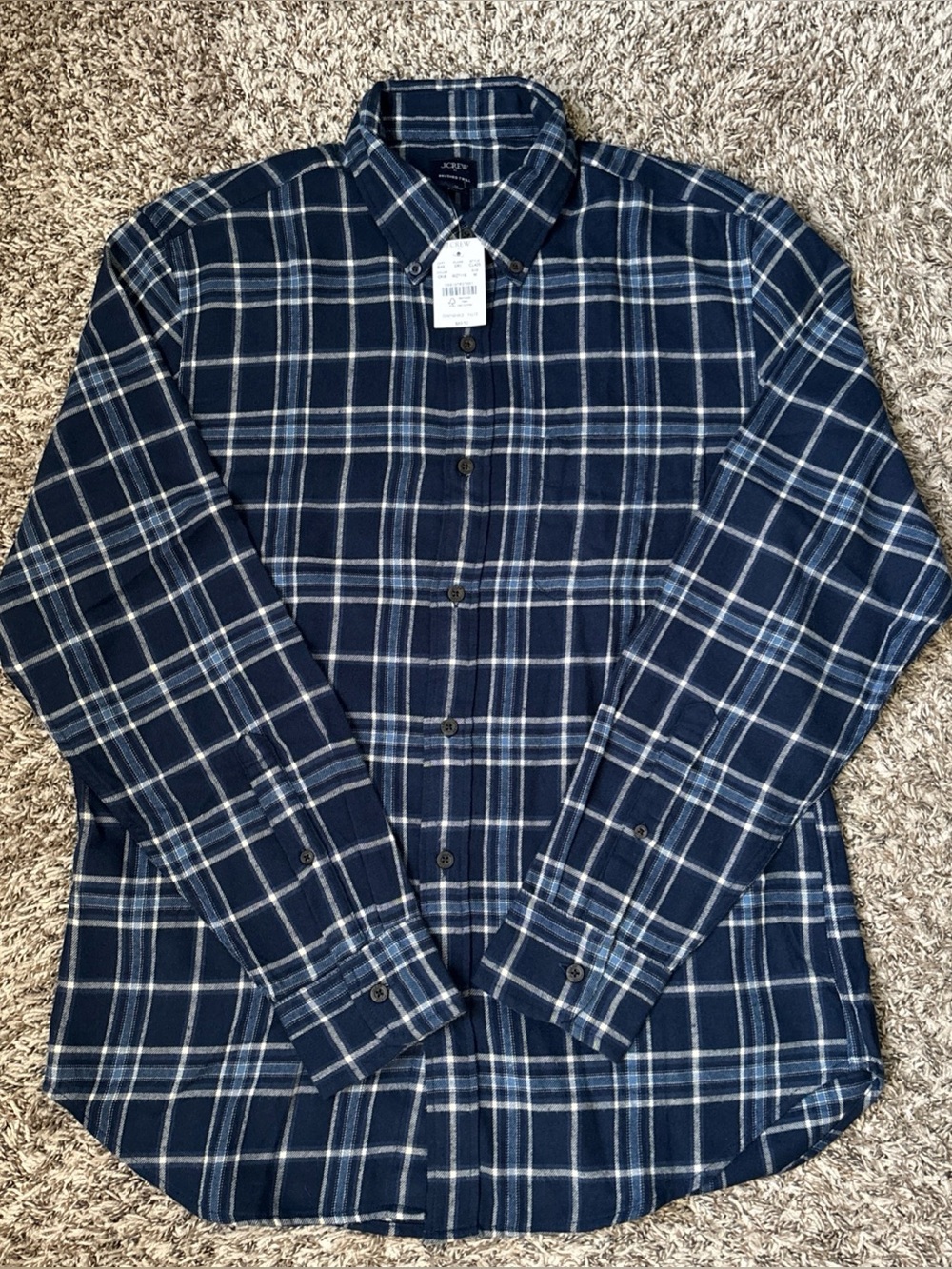J. Crew Mens Button Up Brushed Twill Flannel, Blue Plaid Pocket, Medium NWT